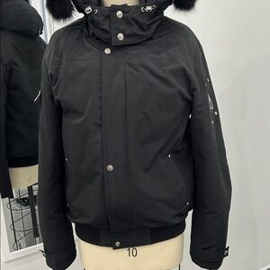 Moose Knuckles Black Puffer Jacket with detachable fur trimmed hood